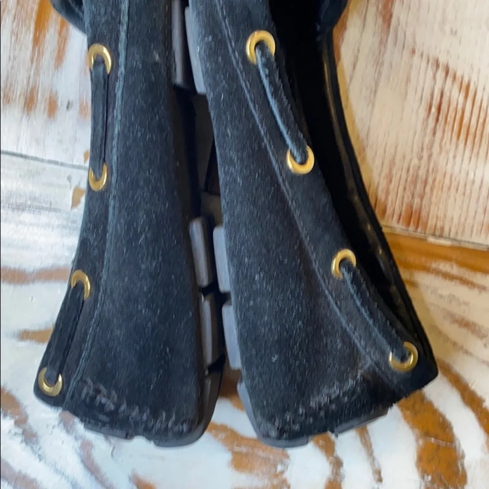 Tory Burch Black Gold Logo Suede Leather Loafer Shoes Size 6.5